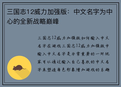 三国志12威力加强版：中文名字为中心的全新战略巅峰