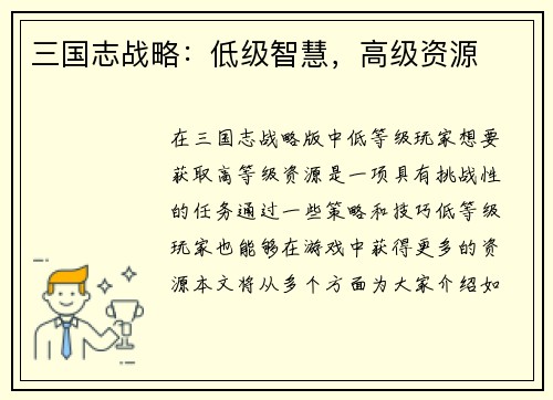 三国志战略：低级智慧，高级资源